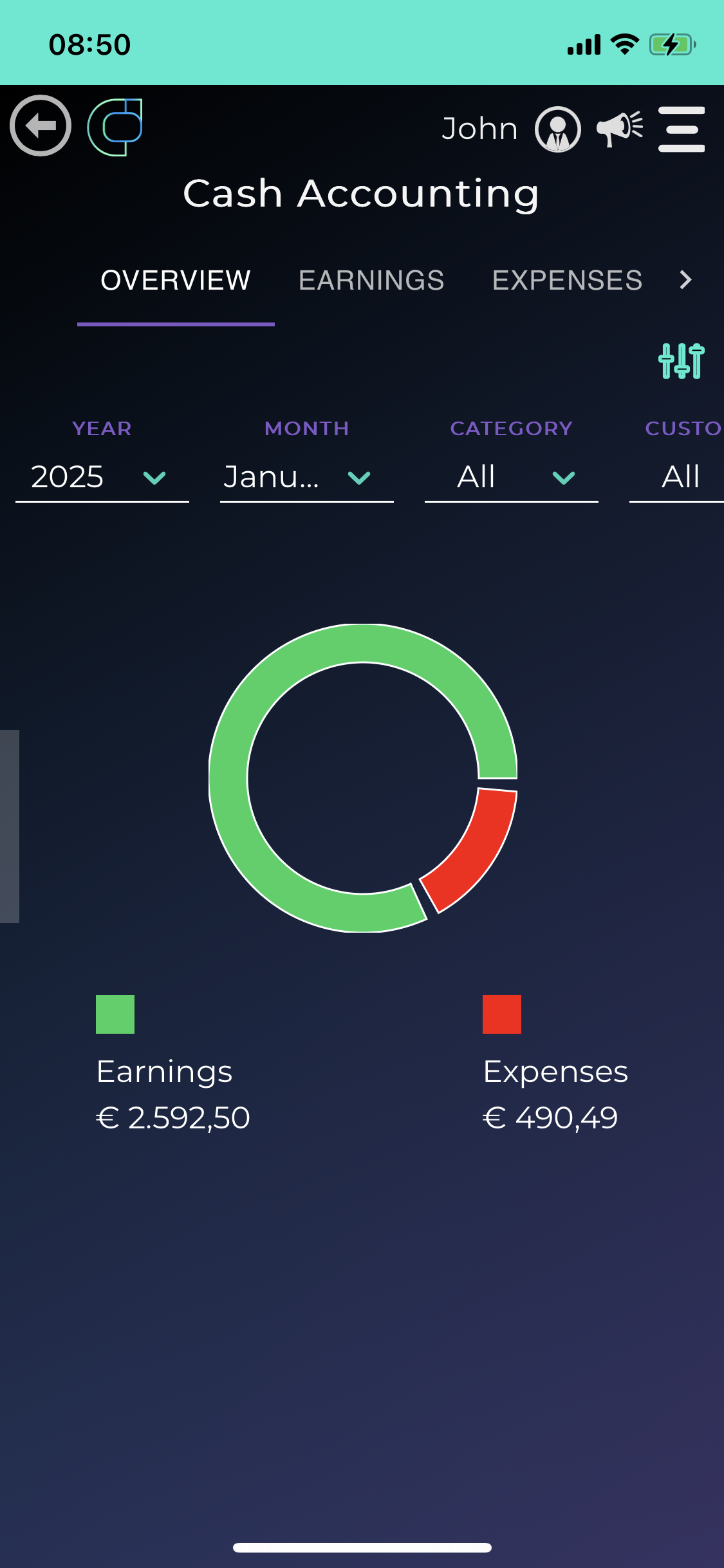 Verwaldo smartphone screen for expenses and revenue