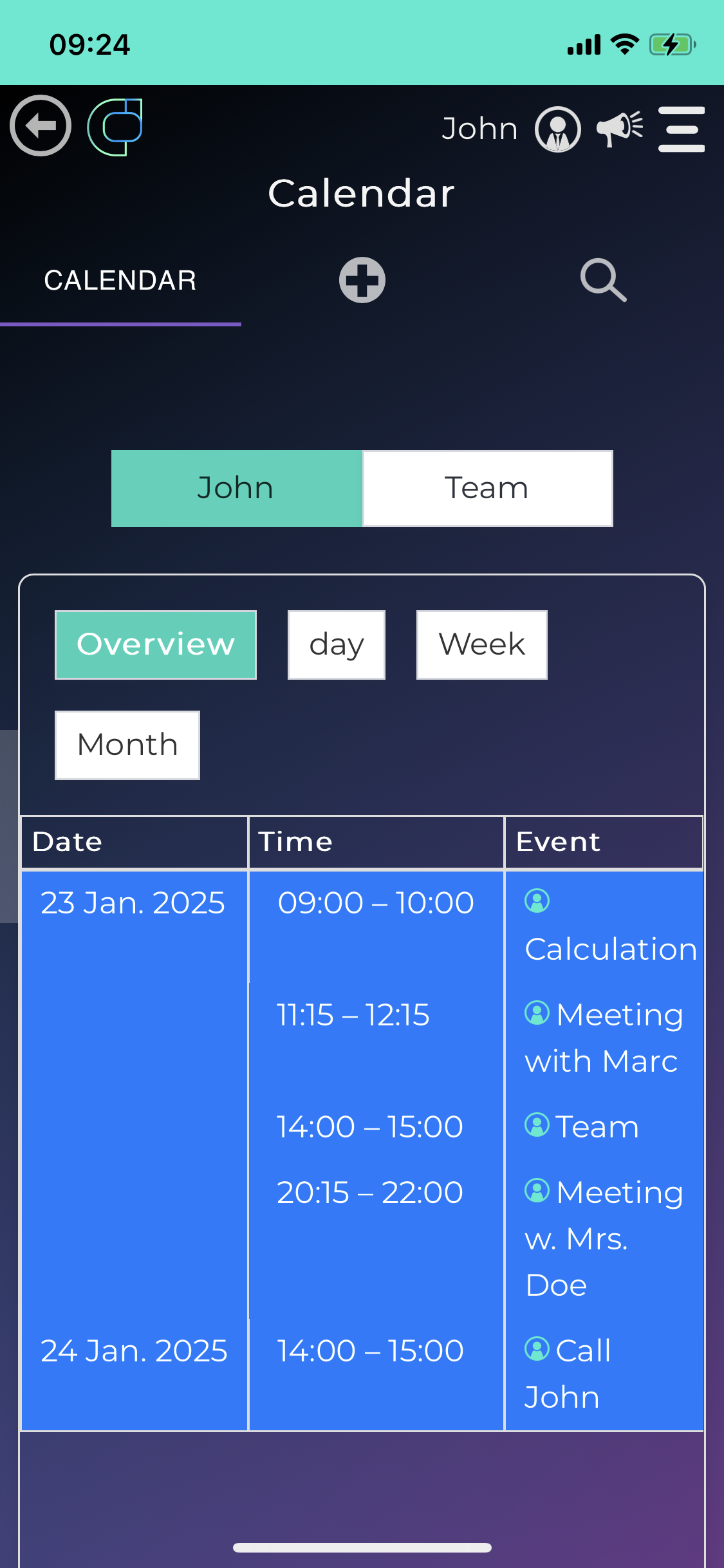 Verwaldo smartphone screen for calendar and appointments