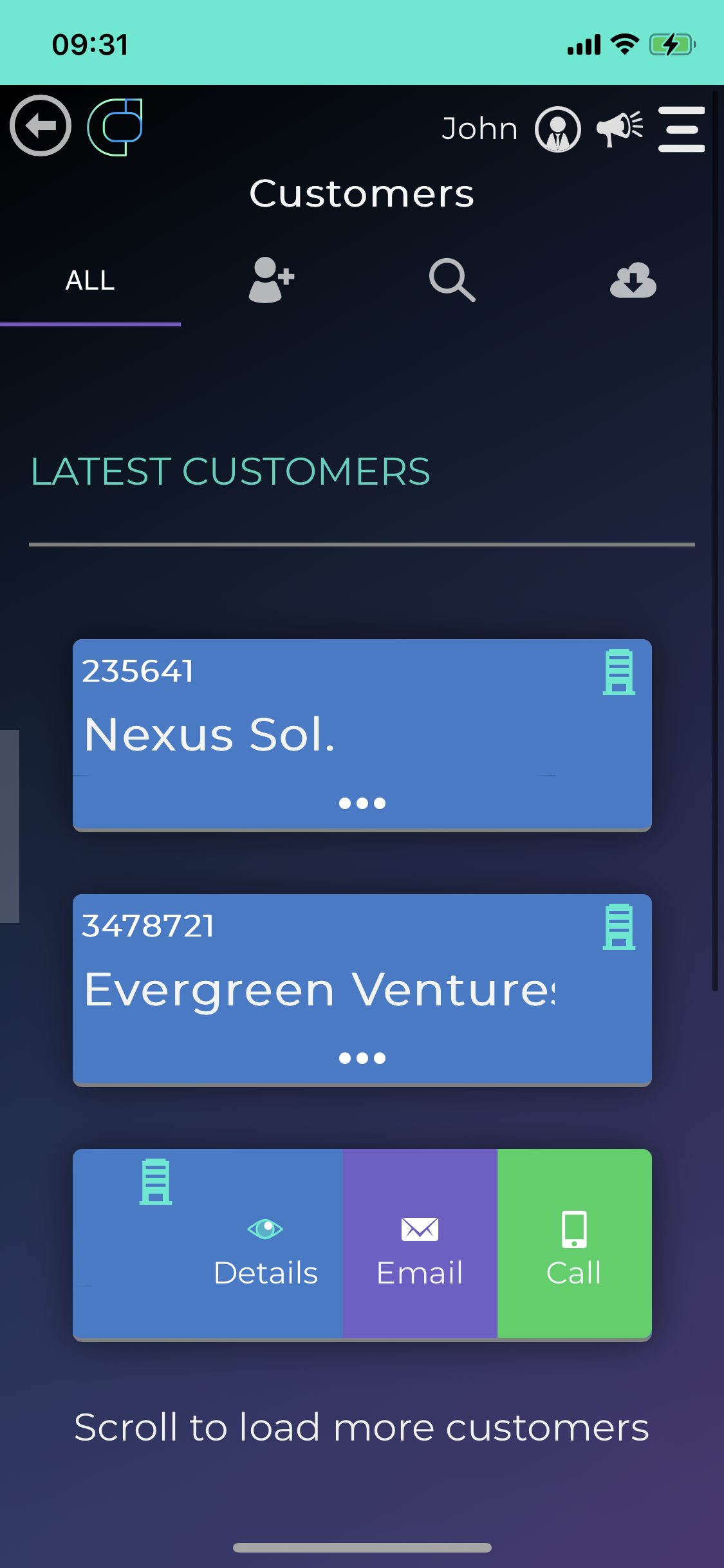 Verwaldo smartphone screen for customer management