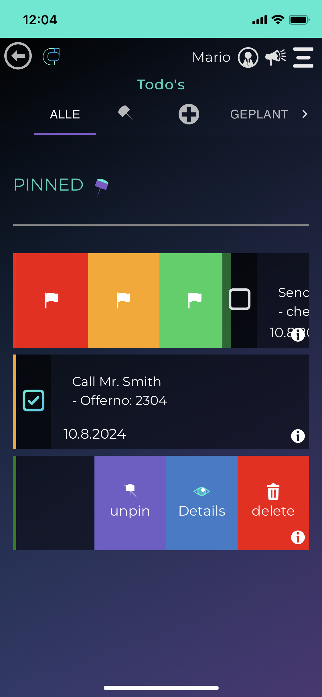 Verwaldo smartphone screen for tasks